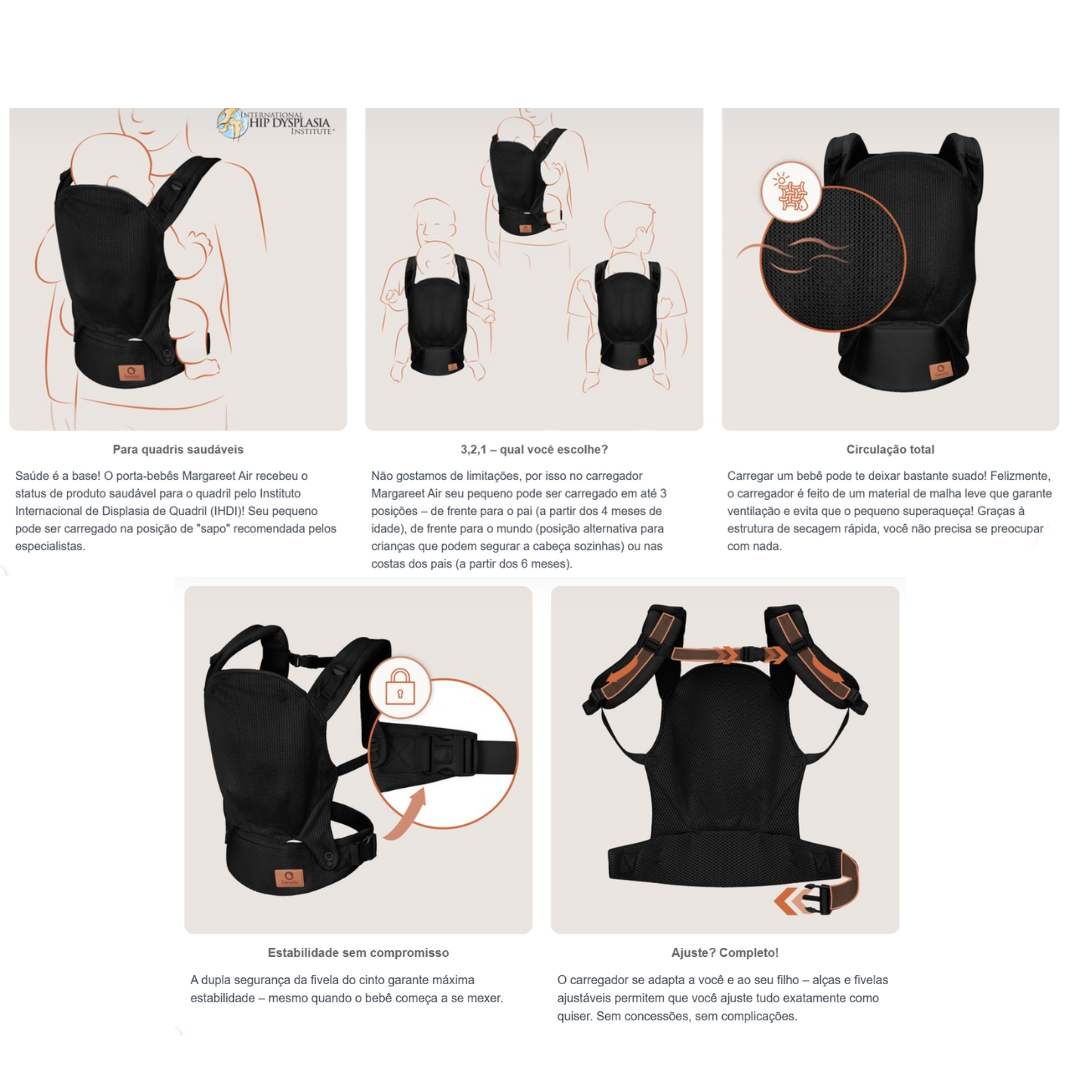 Canguru porta-bebés preto com alças ajustáveis e fechos para estabilidade