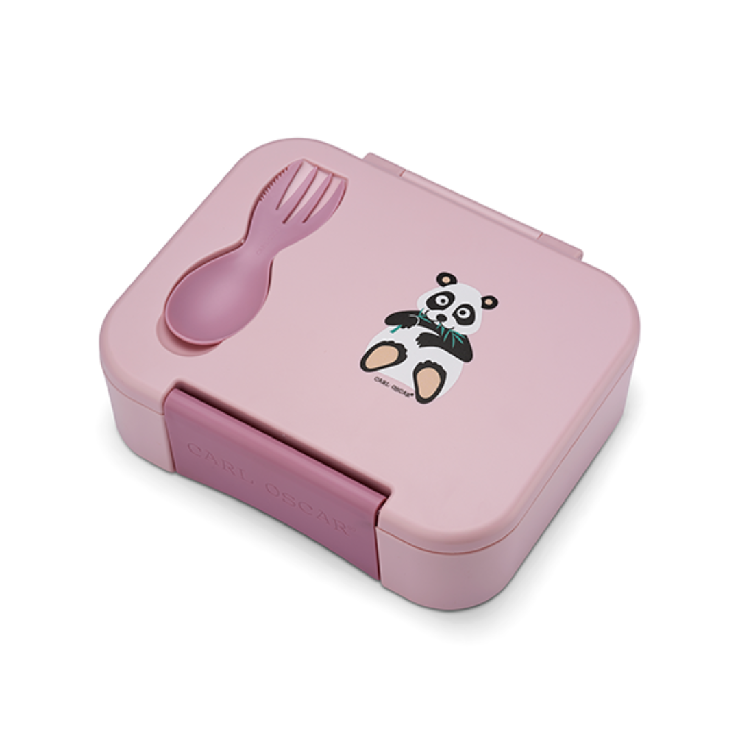 Marmita cor-de-rosa com desenho de panda e garfo-colher embutido na tampa