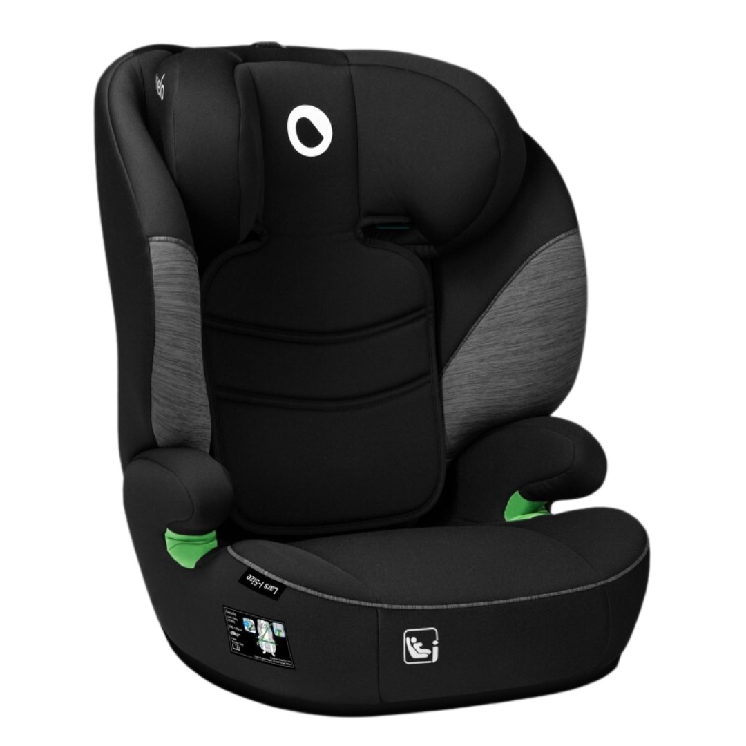 Cadeira de carro para crianças preta e cinzenta com detalhes verdes