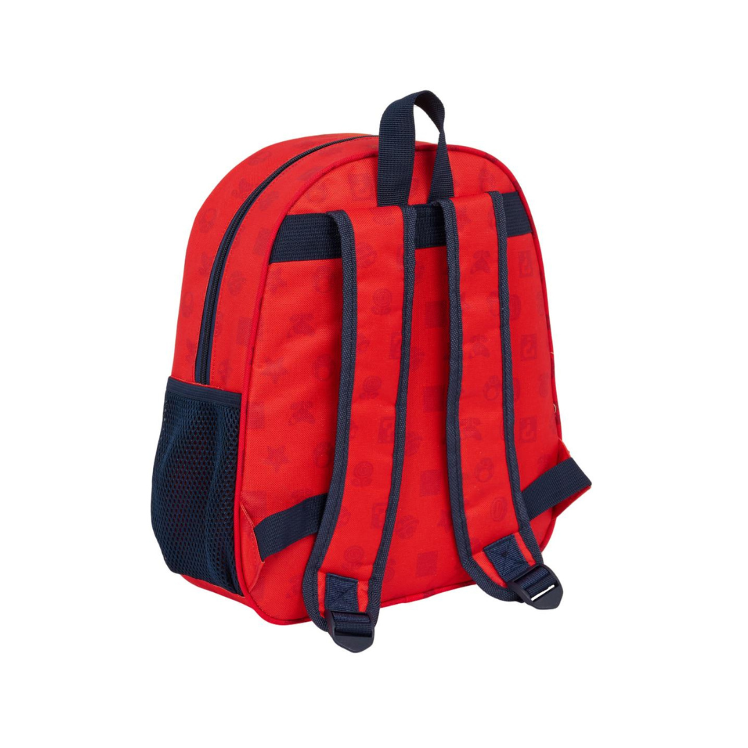 Mochila vermelha com alças azuis largas e bolso lateral em rede azul