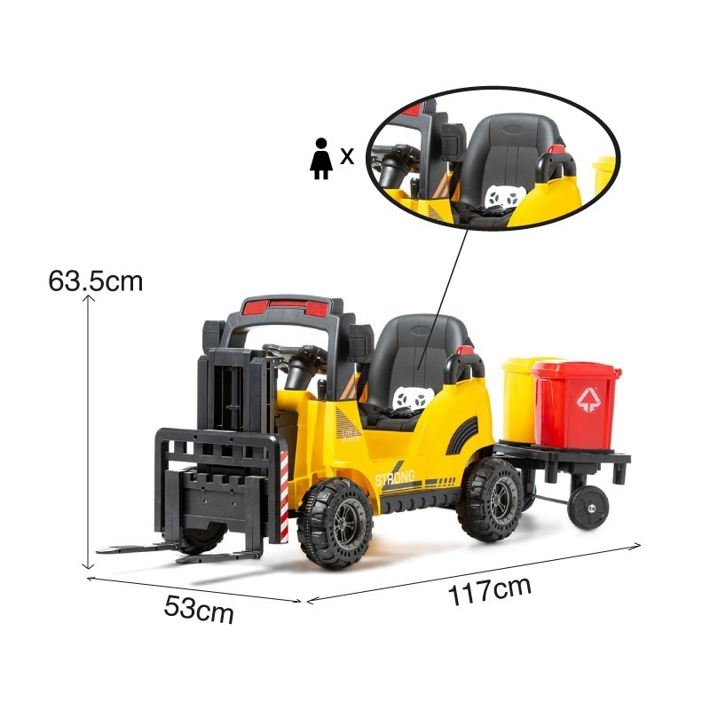 Carrinho de brinquedo amarelo com empilhador e reboque vermelho com símbolo branco