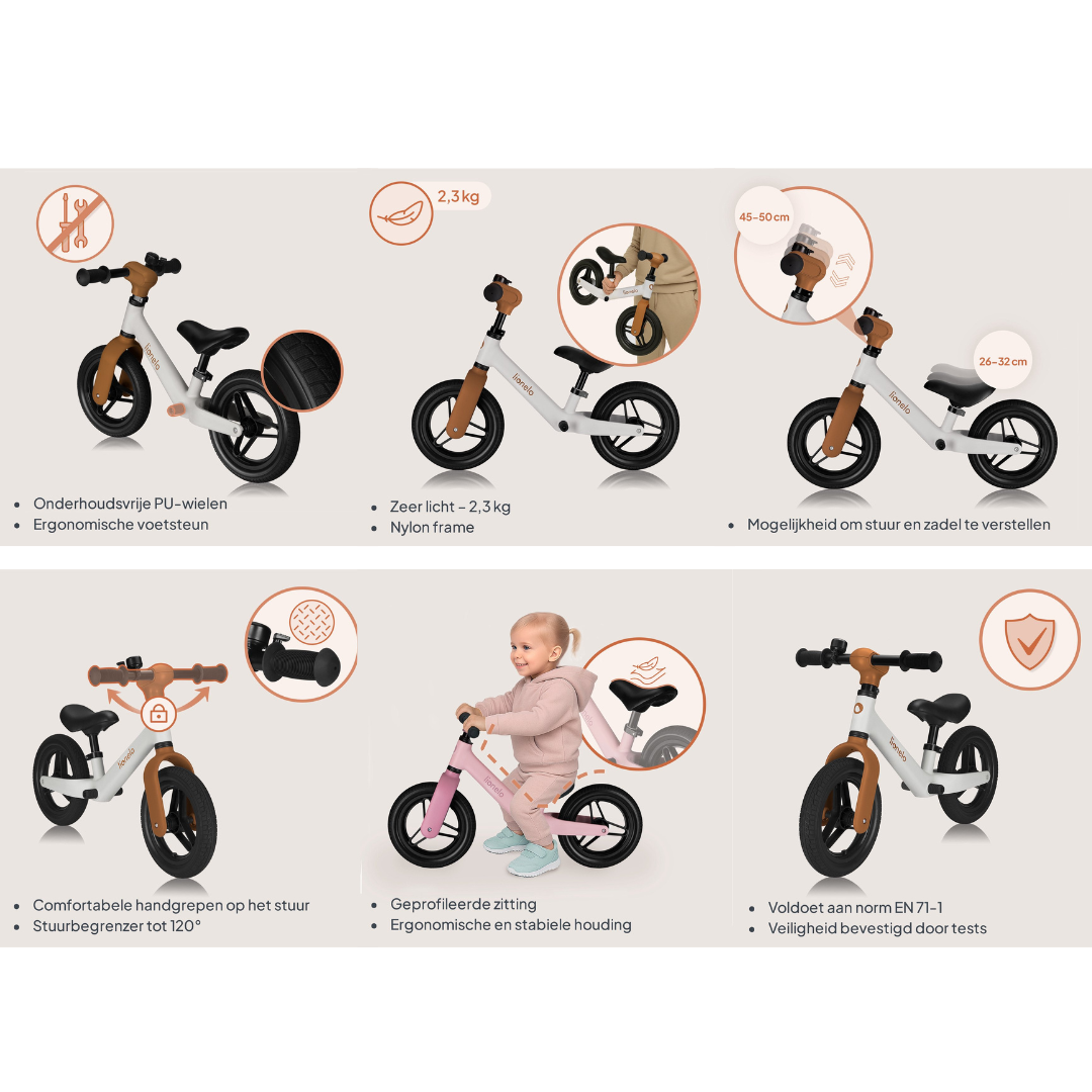 Duas bicicletas de equilíbrio infantis com detalhes técnicos e imagem de criança sentada numa delas