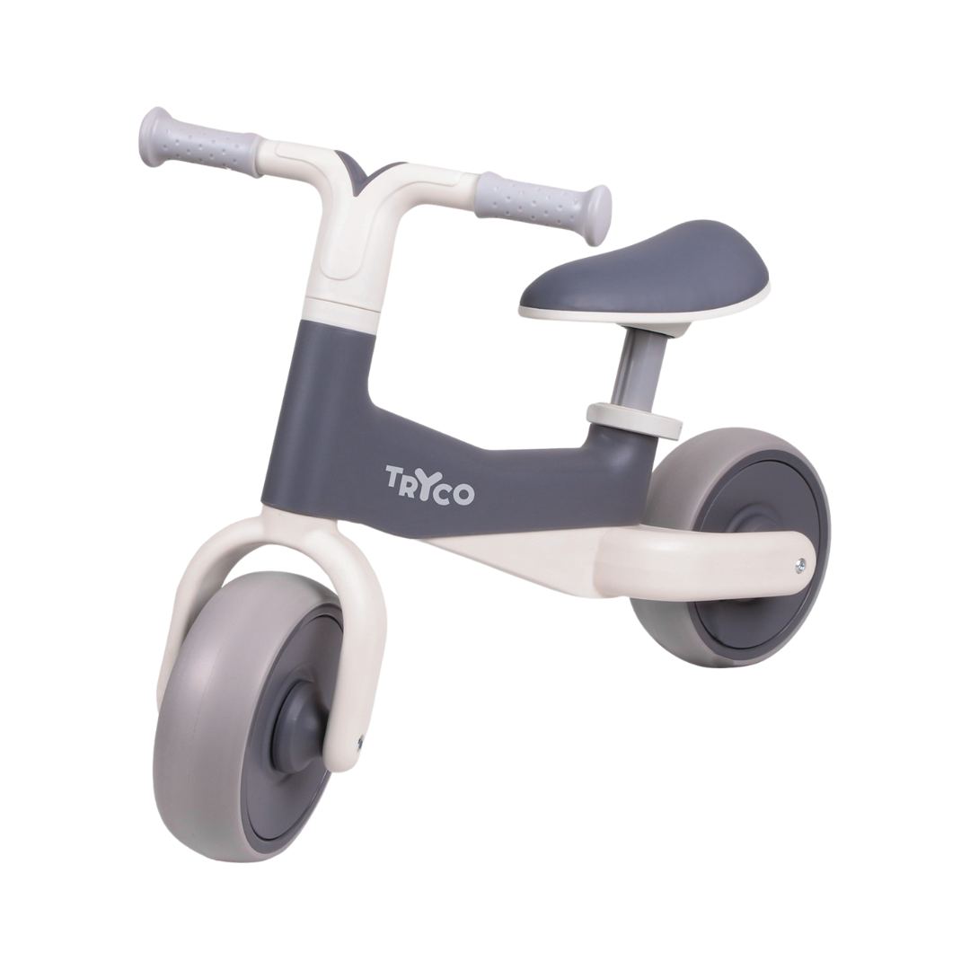 Balance bike infantil cinza e branco com assento acolchoado e guiador
