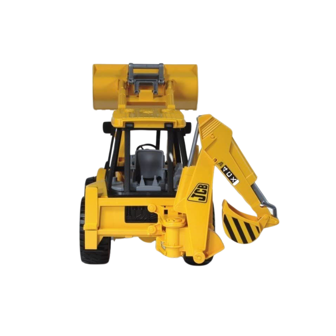 Miniatura de escavadora amarela com pá frontal e braço de escavação com a marca JCB
