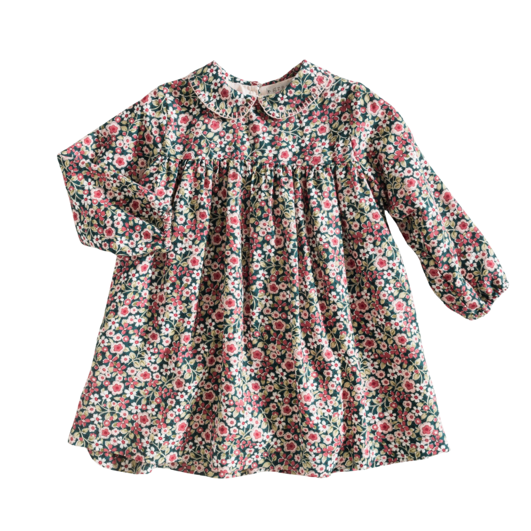 Vestido infantil floral de manga comprida com gola redonda