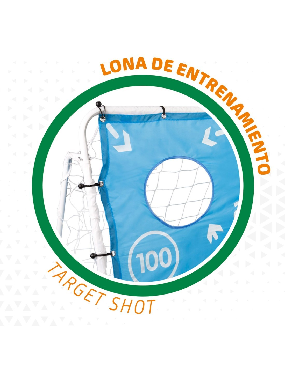 Lona de treino azul com buraco circular e número 100 fixada em rede branca