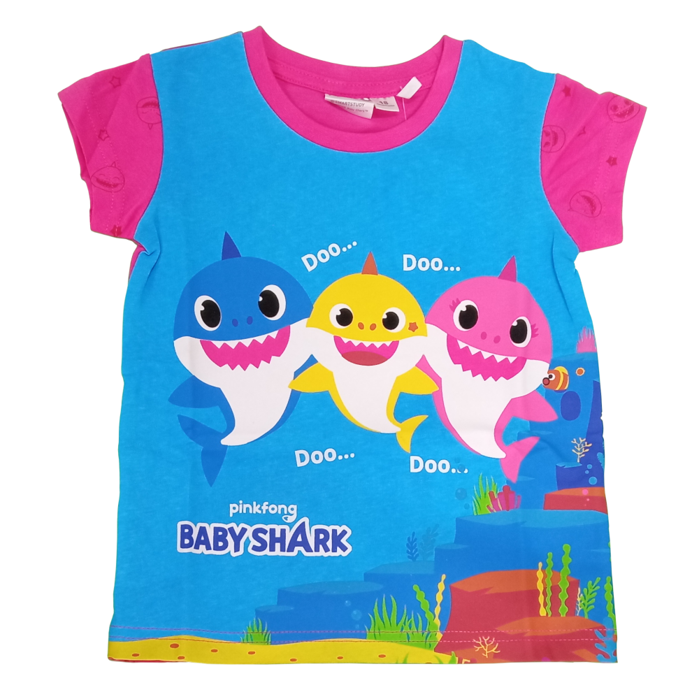 camisola infantil Baby Shark azul e rosa com desenhos coloridos