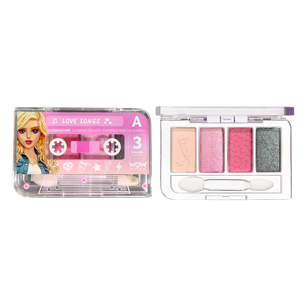 Paleta de sombras de olhos 3 cores em caixa transparente rosa forma de cassete