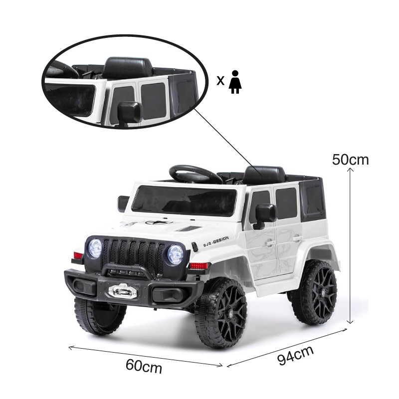 Carrinho elétrico infantil tipo jeep branco com detalhes a preto e faróis iluminados