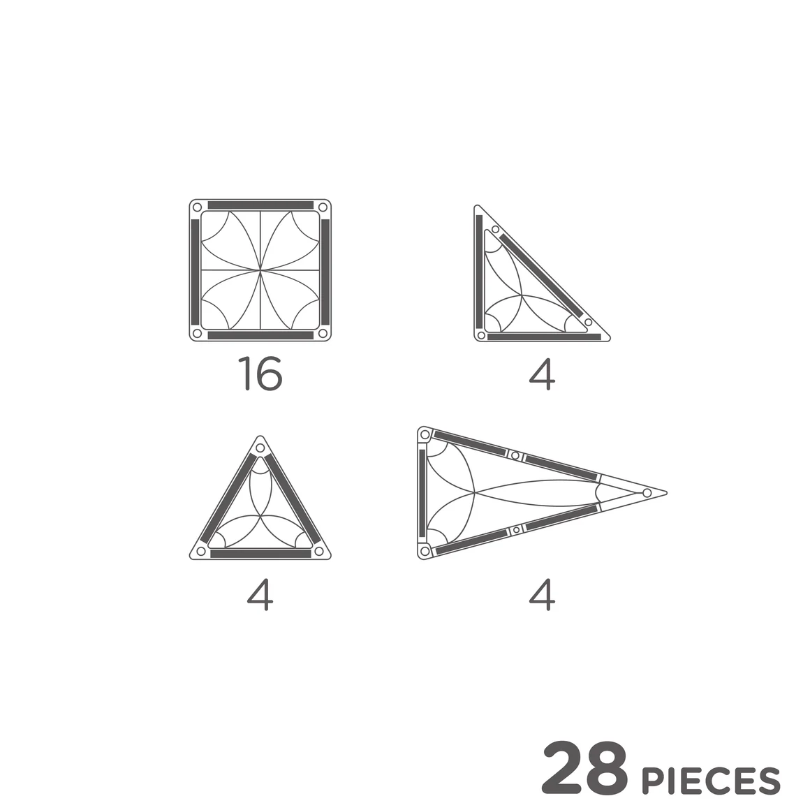 Quatro formas geométricas tipo puzzle com respectivos números de peças e texto 28 PIECES