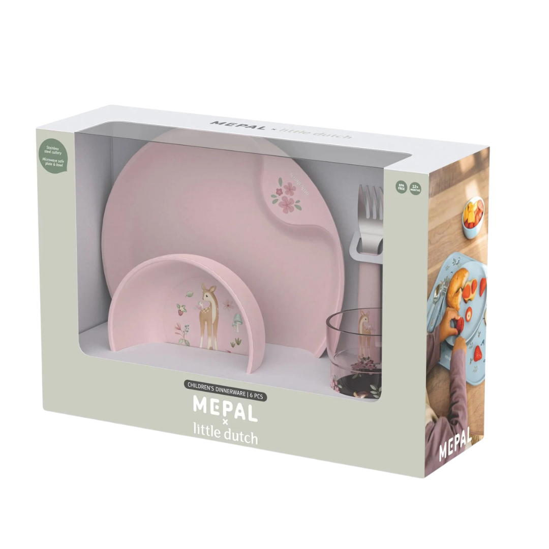 Conjunto de loiça infantil rosa MEPAL x little dutch com ilustração de veado e flores