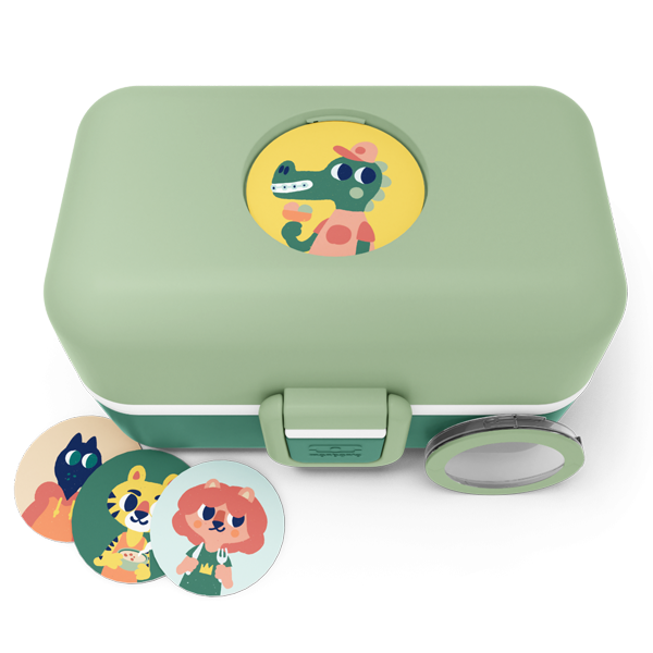 Caixa de armazenamento verde com discos ilustrados de animais