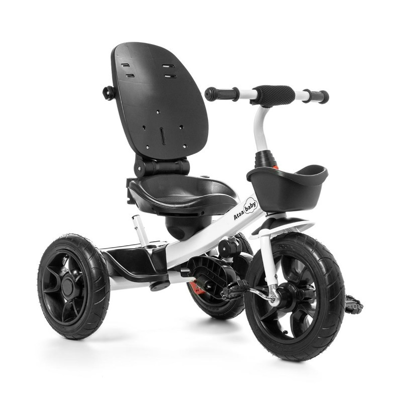 Triciclo infantil branco com assento ajustável e rodas pretas
