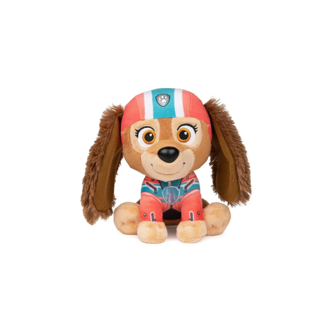 Pelúcia de cão com fato e capacete coloridos.