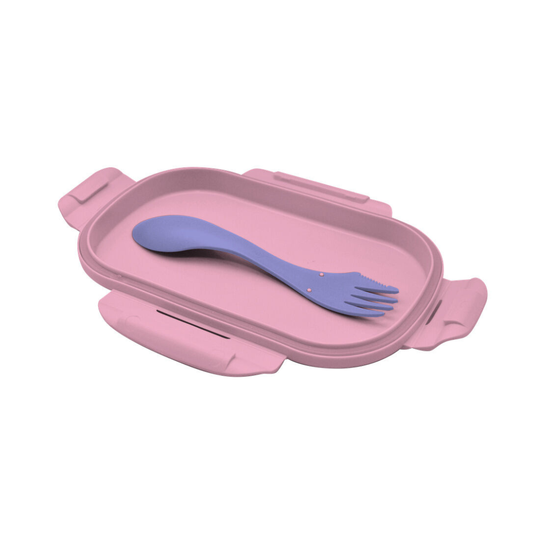 Tigela retangular rosa com colher azul