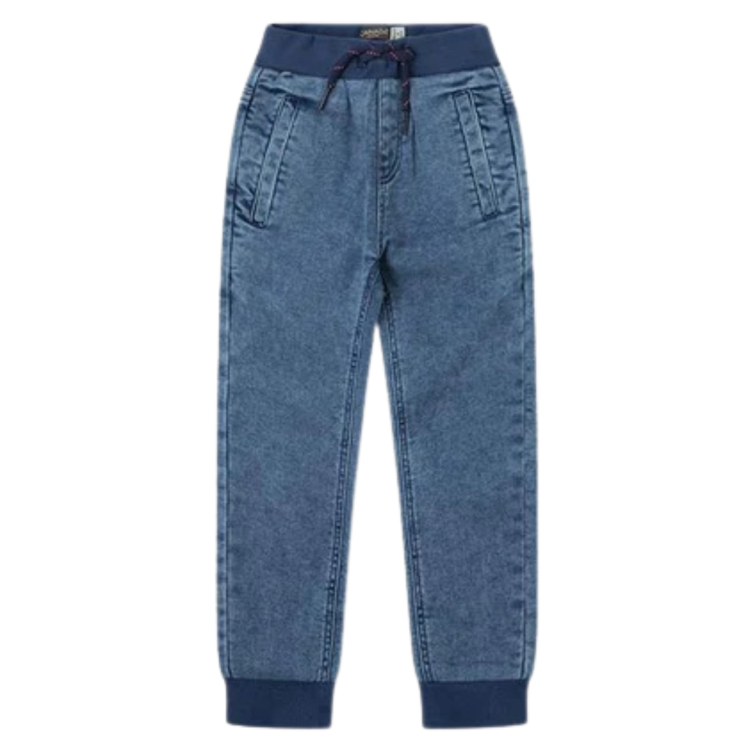 Calças azuis estilo jeans com cintura e punhos elásticos