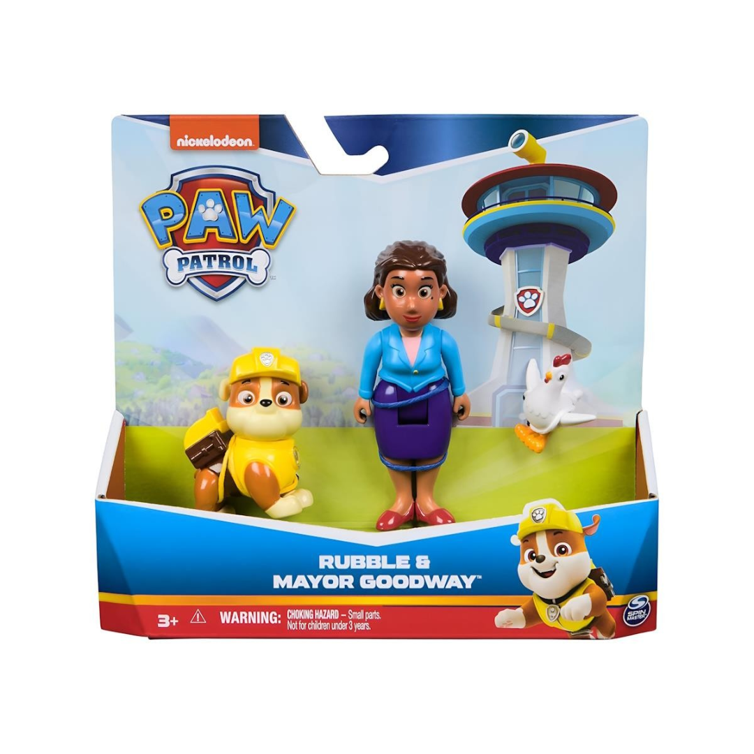 Conjunto de brinquedos Paw Patrol com figuras de Rubble, prefeita Goodway e frango em embalagem azul.