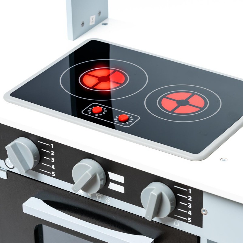 Fogão elétrico de duas placas com botões vermelhos e comandos cinza