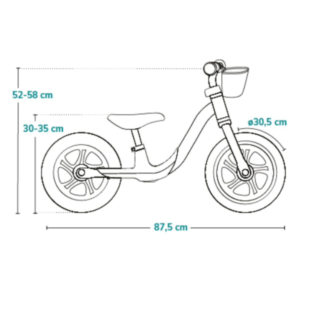 desenho técnico de bicicleta de equilíbrio com dimensões indicadas