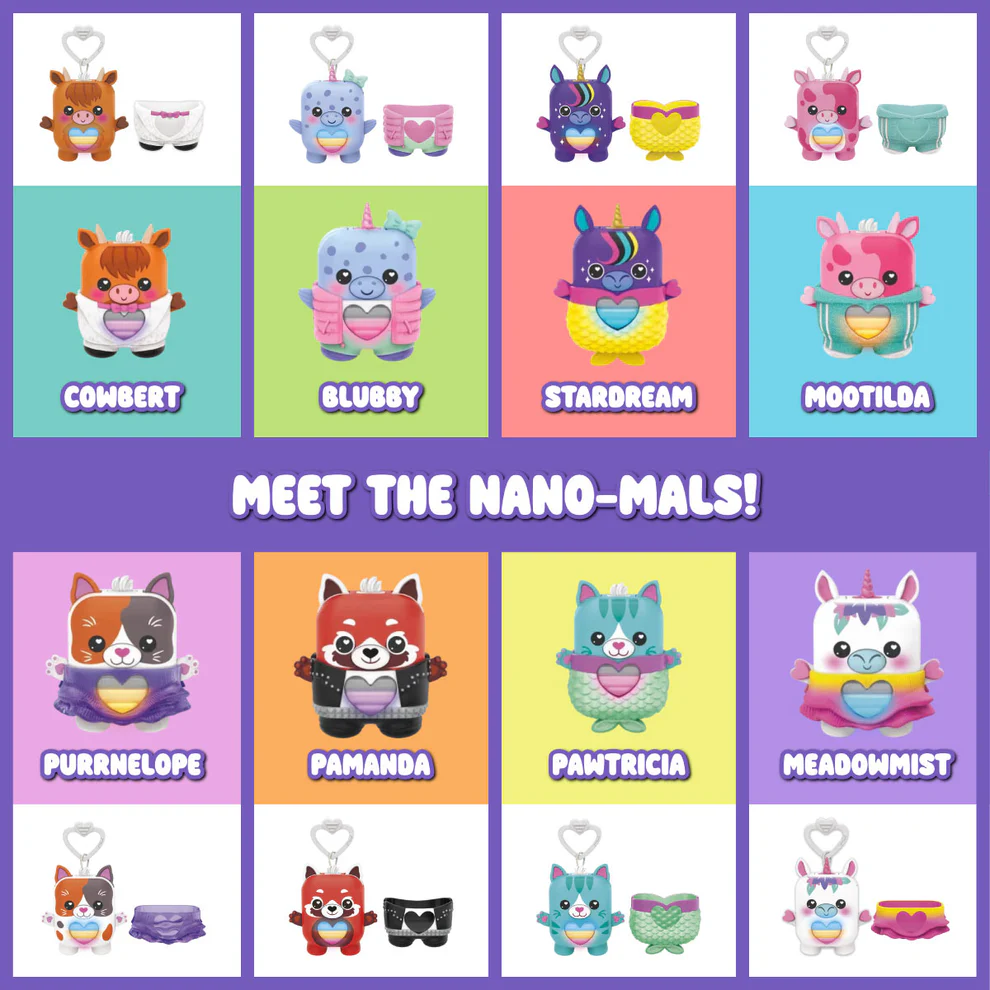 Oito peluches nano-mals coloridos com capas destacáveis e nomes abaixo em fundo colorido