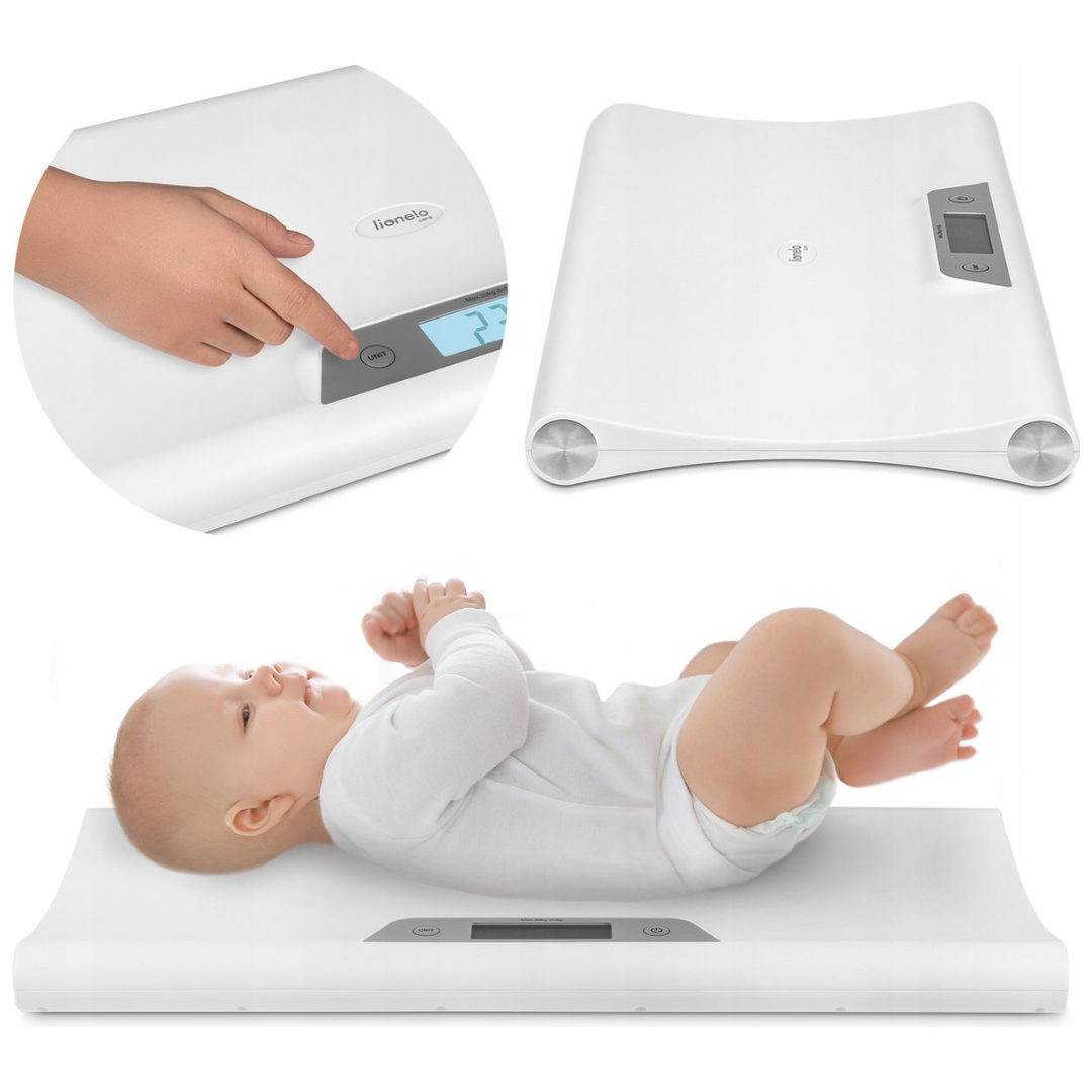 Balança digital para bebés branca da marca Lionelo com ecrã e botões.