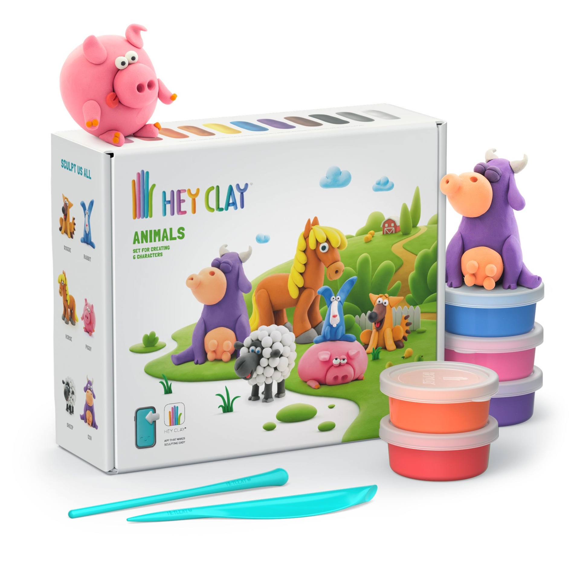Conjunto Hey Clay Animals com argilas coloridas e bonecos de animais de argila.