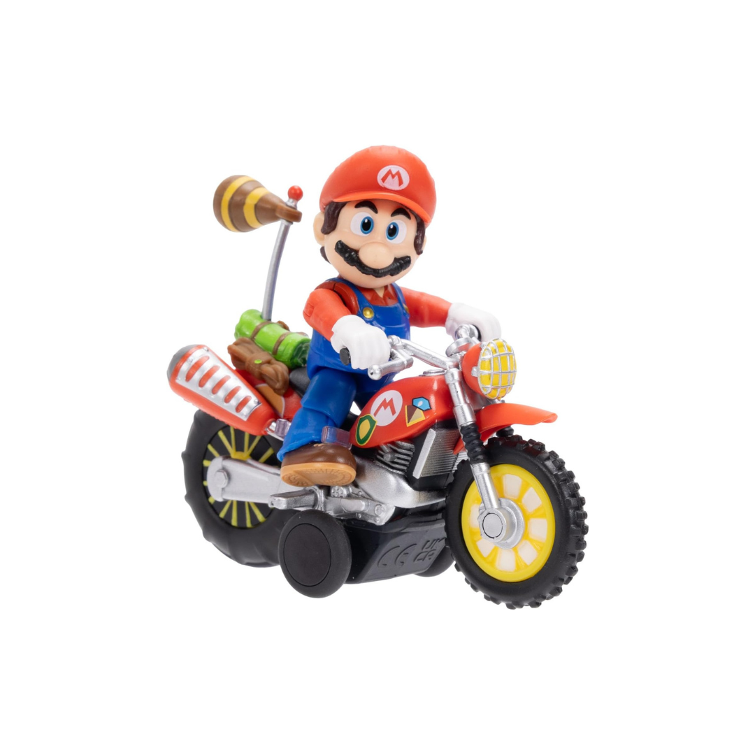 Figura de Super Mario numa mota vermelha com boné vermelho e macacão azul