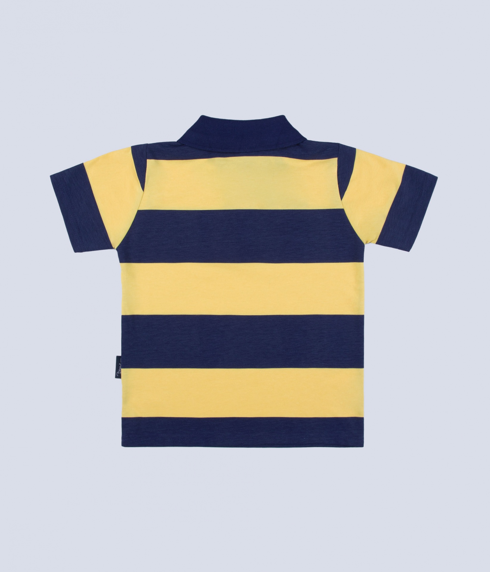 Polo para criança com riscas amarelas e azul escuro, vista de trás