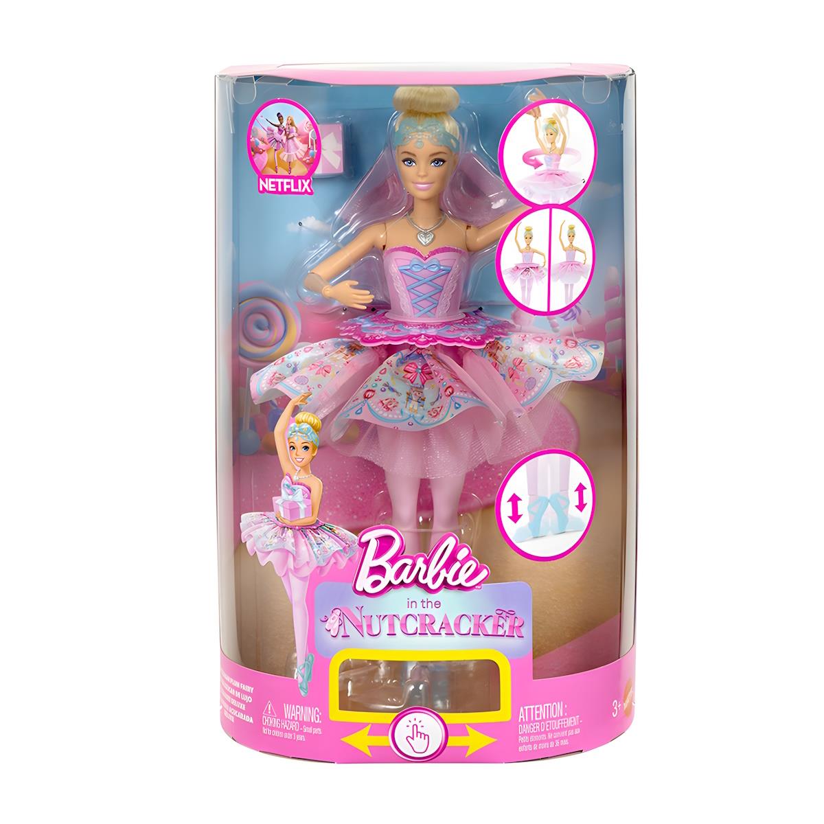 Boneca Barbie bailarina em embalagem rosa com texto Barbie in the Nutcracker.