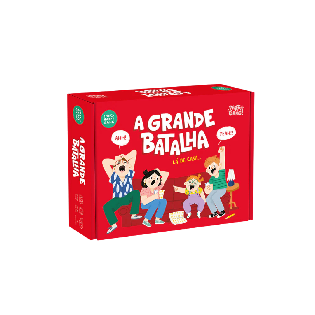 Caixa de jogo de tabuleiro vermelha com personagens animados e texto em português