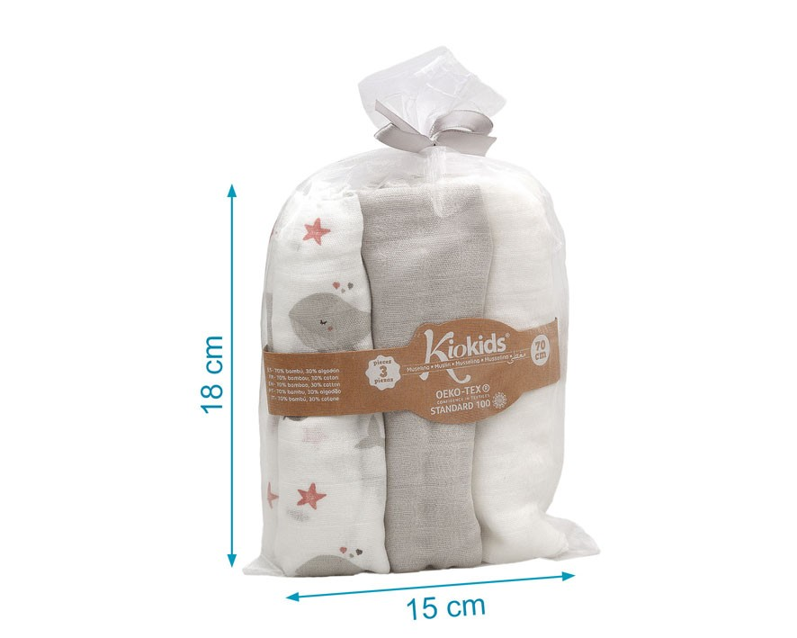Pacote de três toalhas de bébé Kiokids com padrões cinzentos e branco
