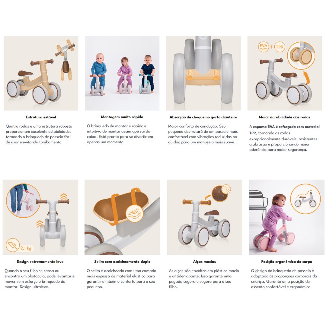 Triciclo de madeira natural com rodas cinzentas e assento castanho almofadado