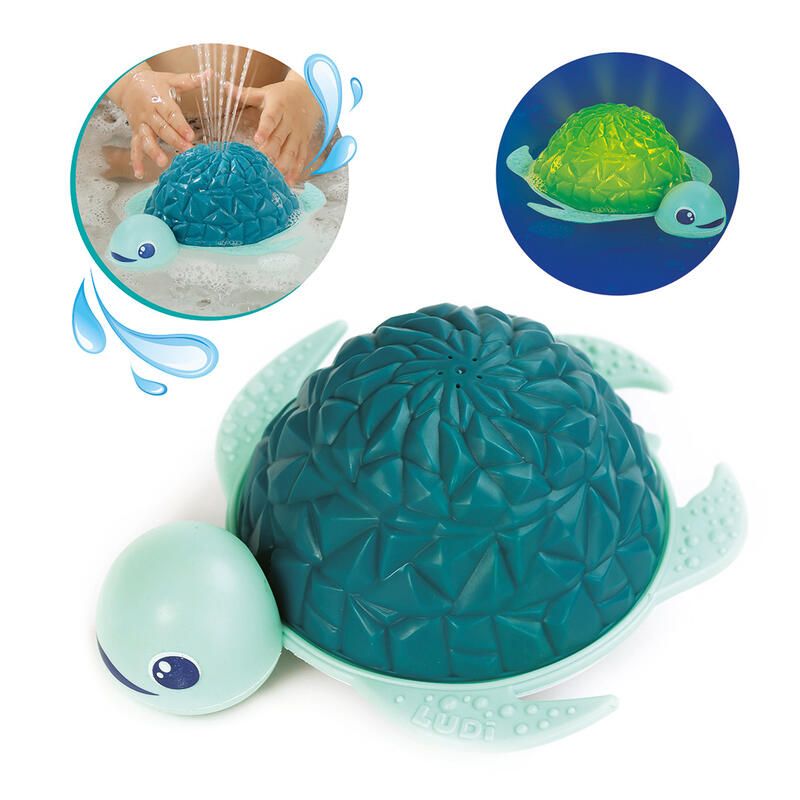 Figura de tartaruga de banho com concha azul texturizada e corpo verde claro