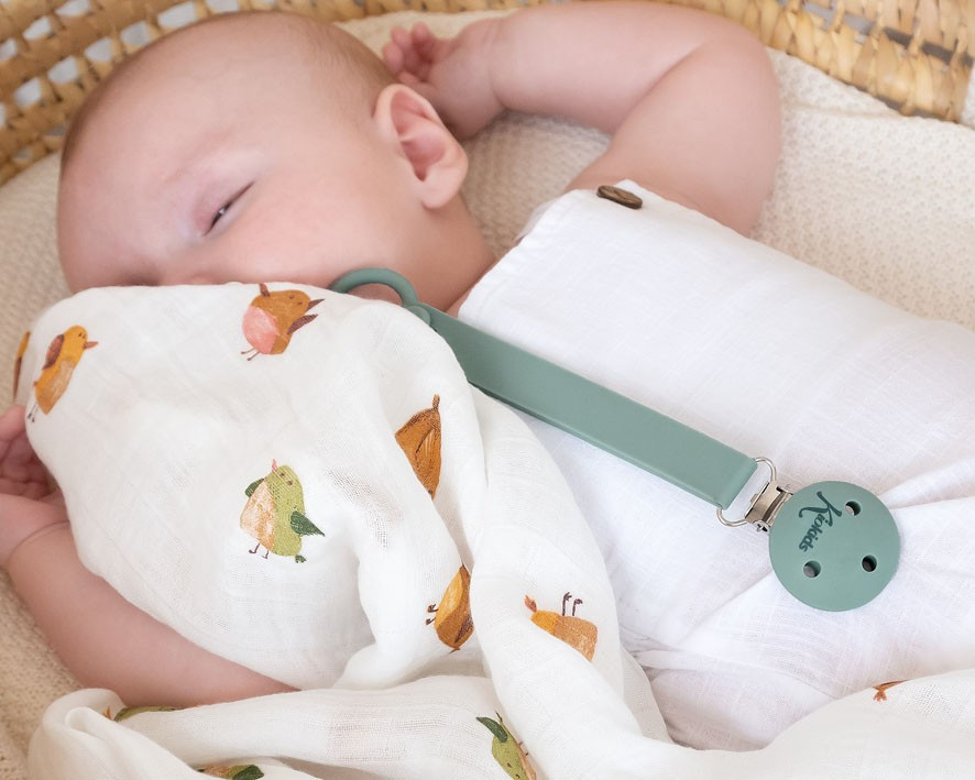 bebé adormecido com manta de pássaros e chupeta com fita verde e mola azul