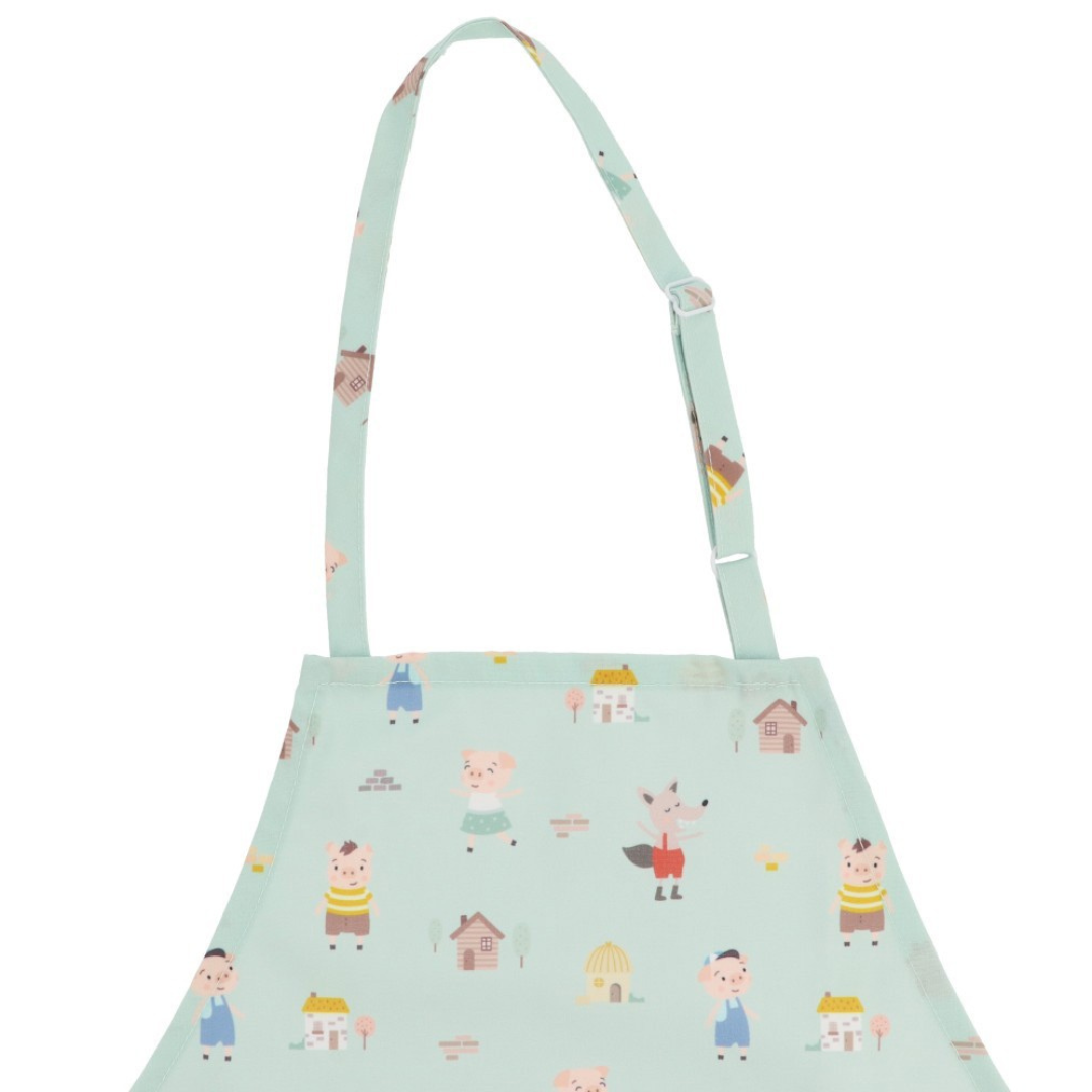 Avental infantil azul claro com estampado de animais e casas