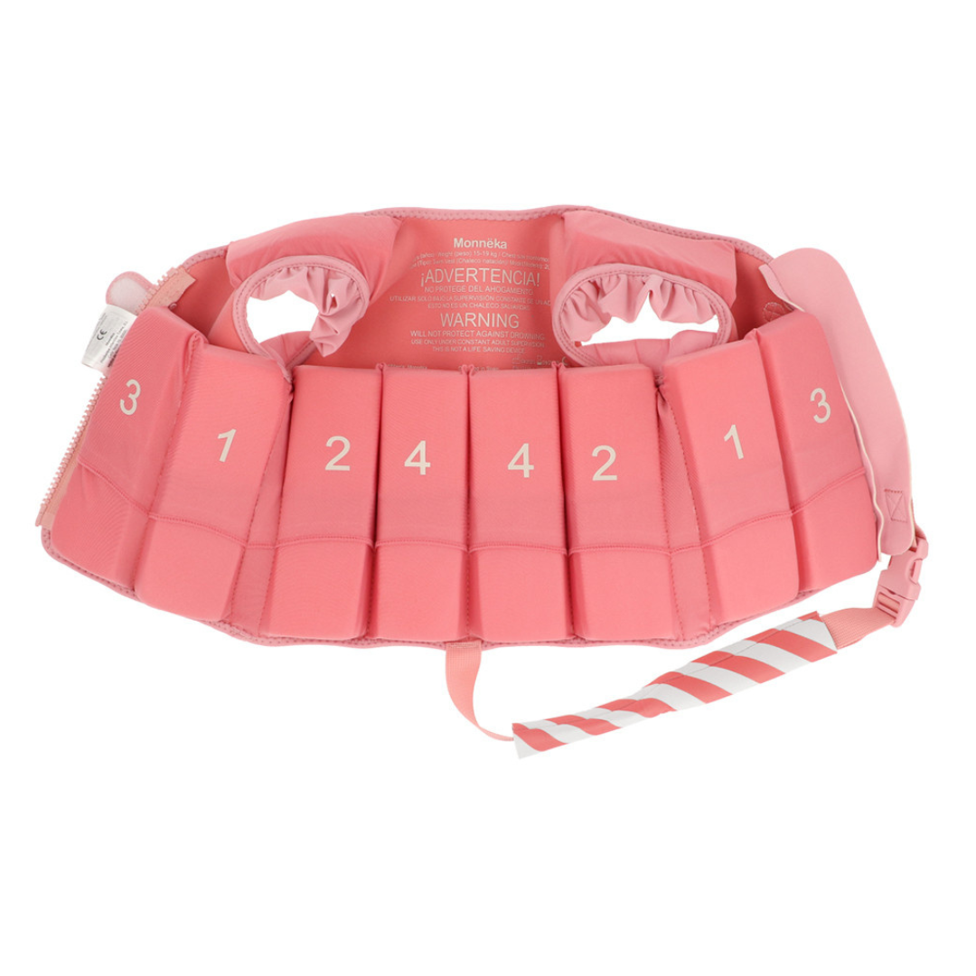 Colete salva-vidas rosa com números e fecho lateral