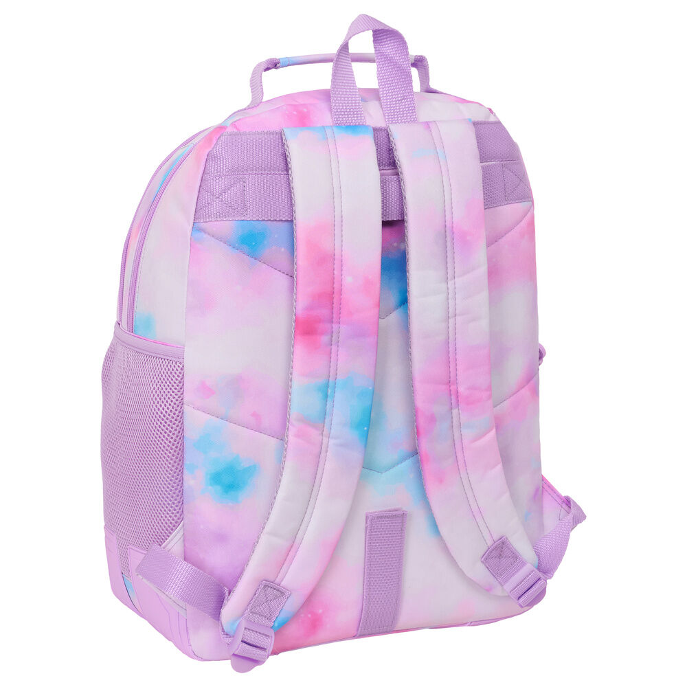 Mochila tie-dye rosa, roxo e azul com alças acolchoadas e bolso lateral em malha lilás