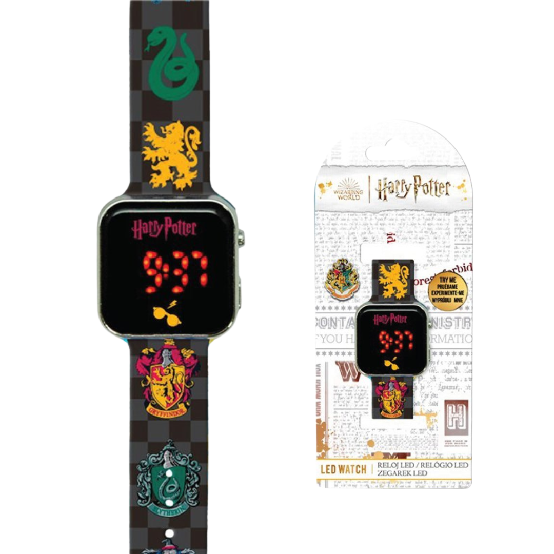 Relógio LED Harry Potter com pulseira xadrez e brasões de casas de Hogwarts
