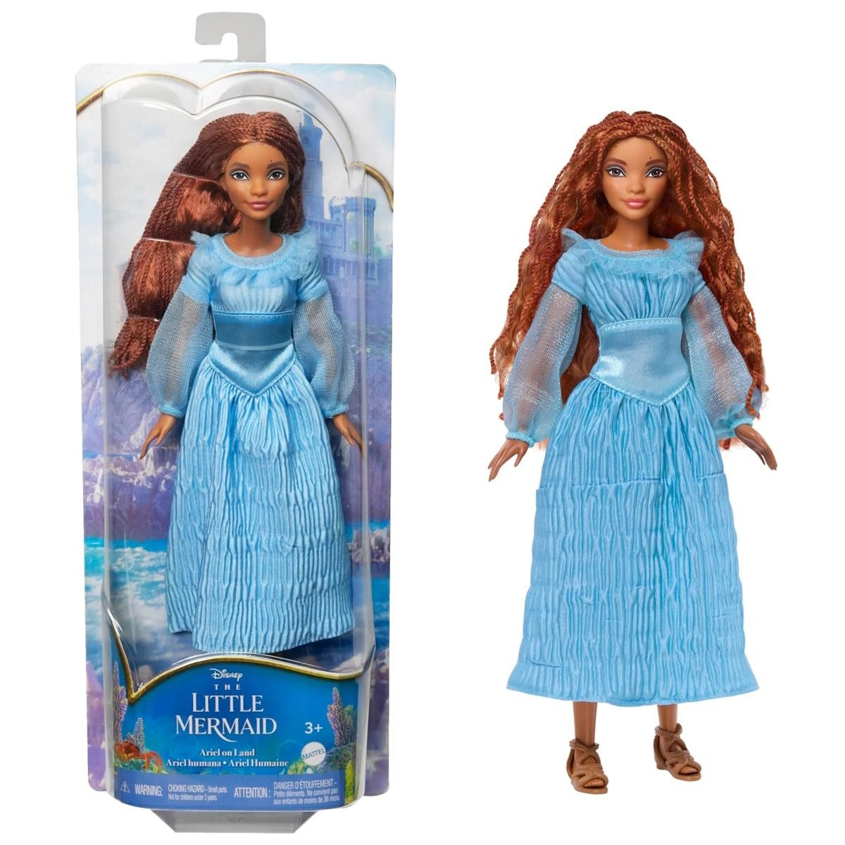 Boneca Disney Ariel vestida de azul em embalagem e fora dela