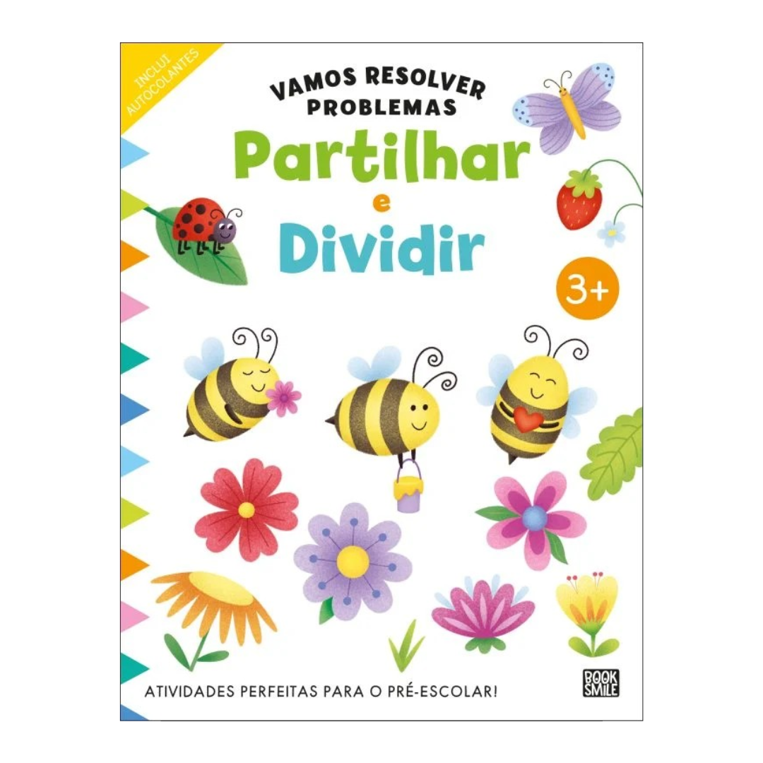 Livro infantil sobre partilhar e dividir com abelhas, flores e insetos coloridos na capa.