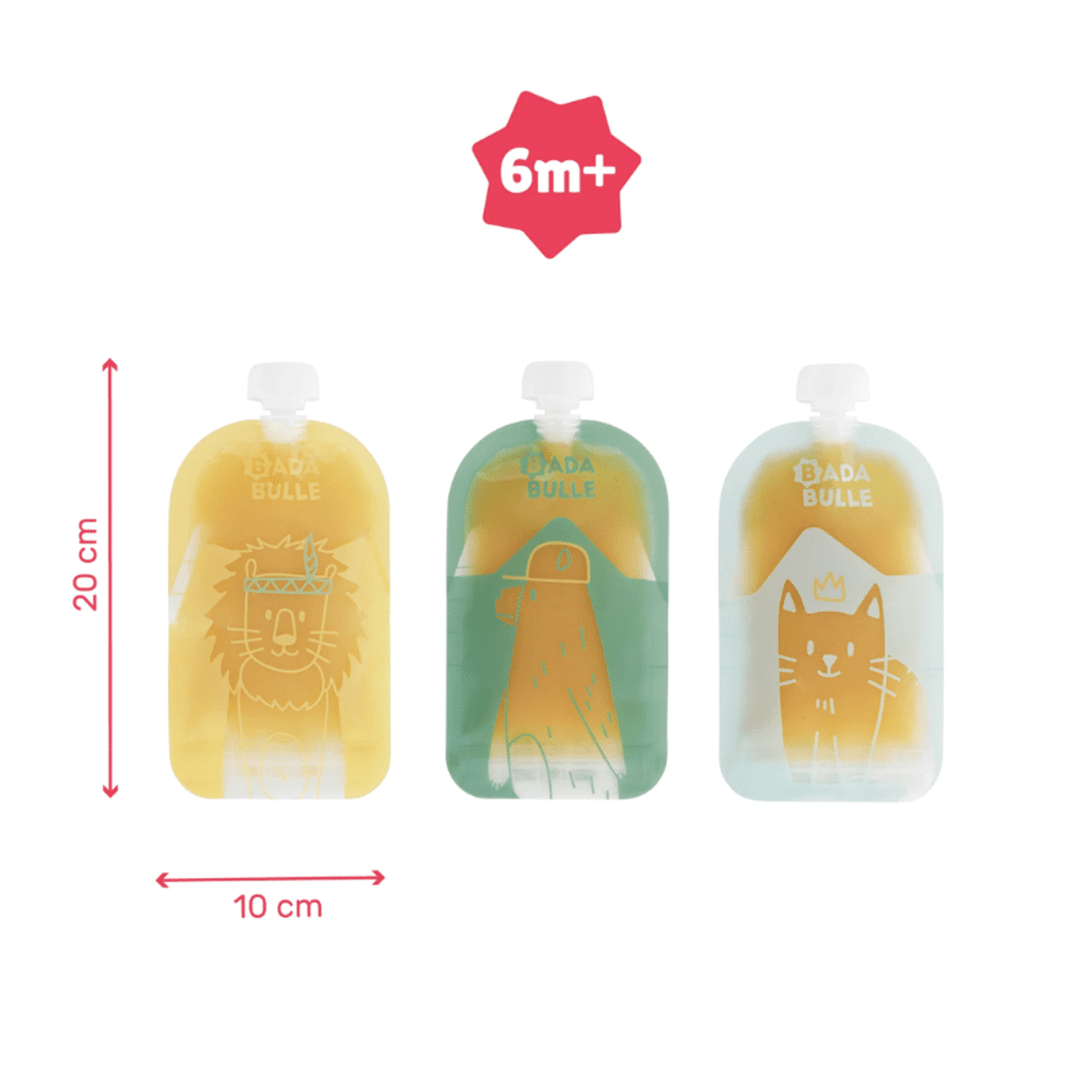 Embalagens para purés infantis Bada Bulle com desenhos de animais e indicação 6m+