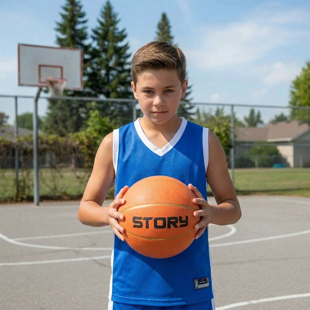 Rapaz com colete desportivo azul a segurar bola de basquetebol laranja com texto STORY em campo ao ar livre