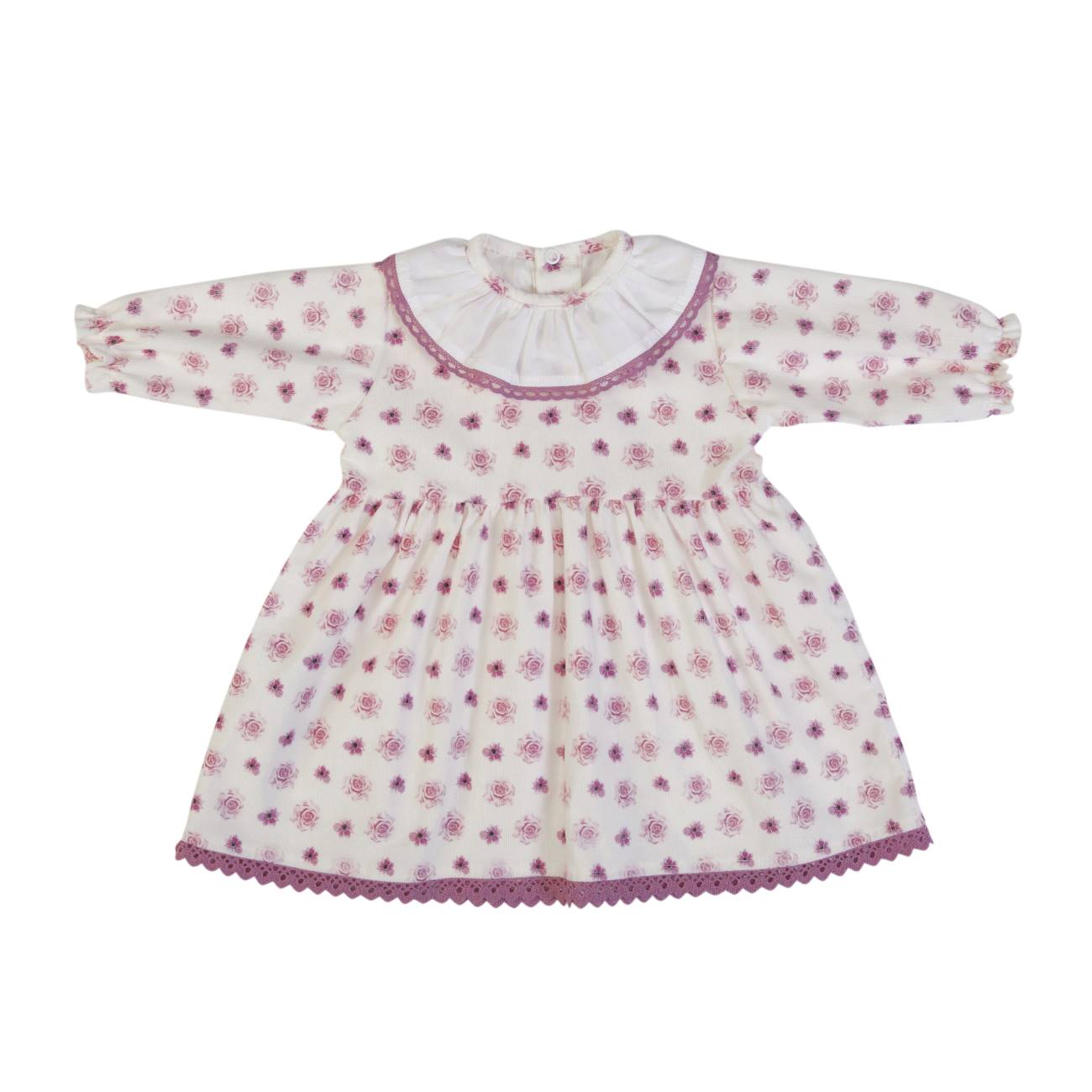 vestido infantil branco com flores cor-de-rosa e lilás e gola redonda
