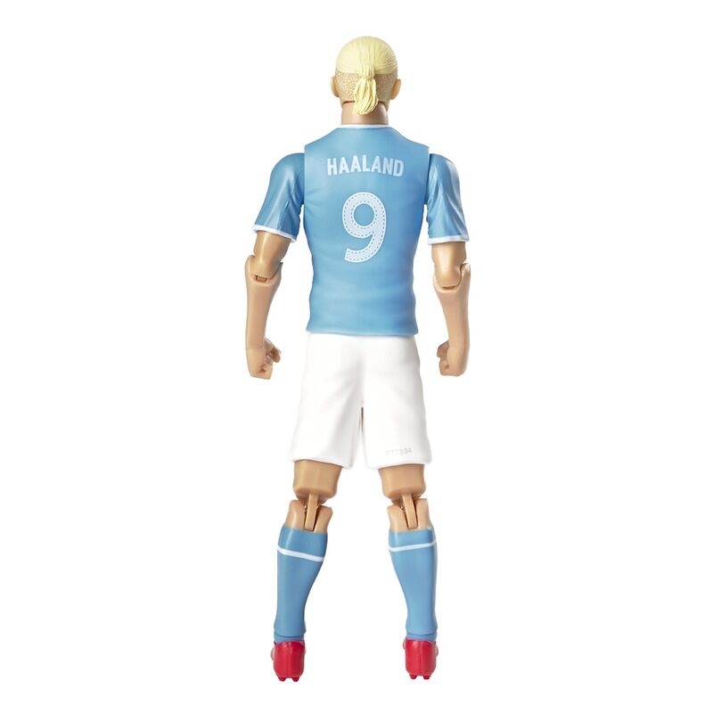 Figurina de jogador de futebol com camisola azul e branca, nome HAALAND e número 9