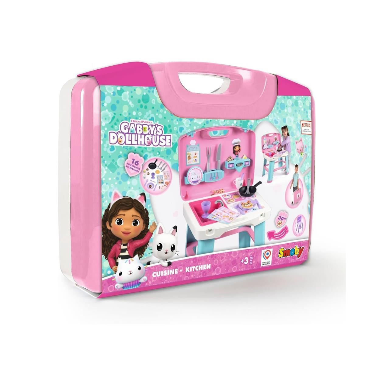 Conjunto de cozinha de brinquedo Gabby's Dollhouse em mala rosa e branco com utensílios e acessórios