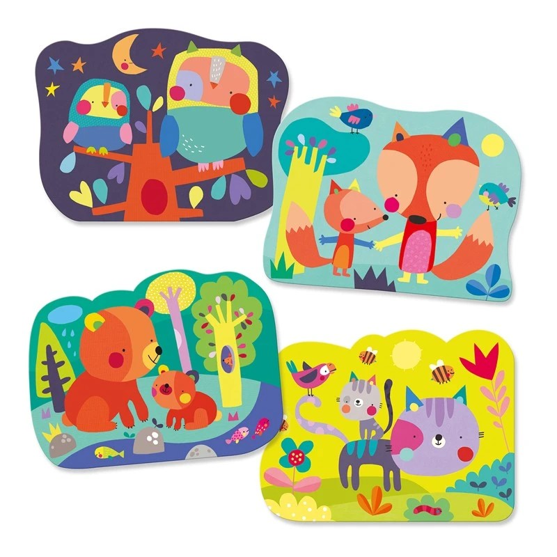 Quatro tapetes infantis coloridos com desenhos de animais e cenários naturais