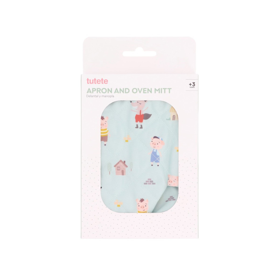 Conjunto infantil de avental e luva com padrão de porquinhos em embalagem branca