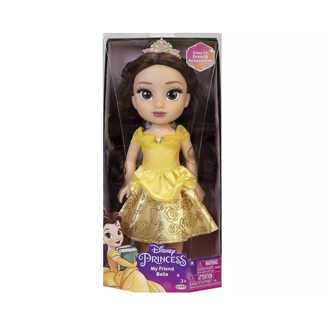 Boneca Disney Princess My Friend Belle em caixa com vestido amarelo dourado e tiara.
