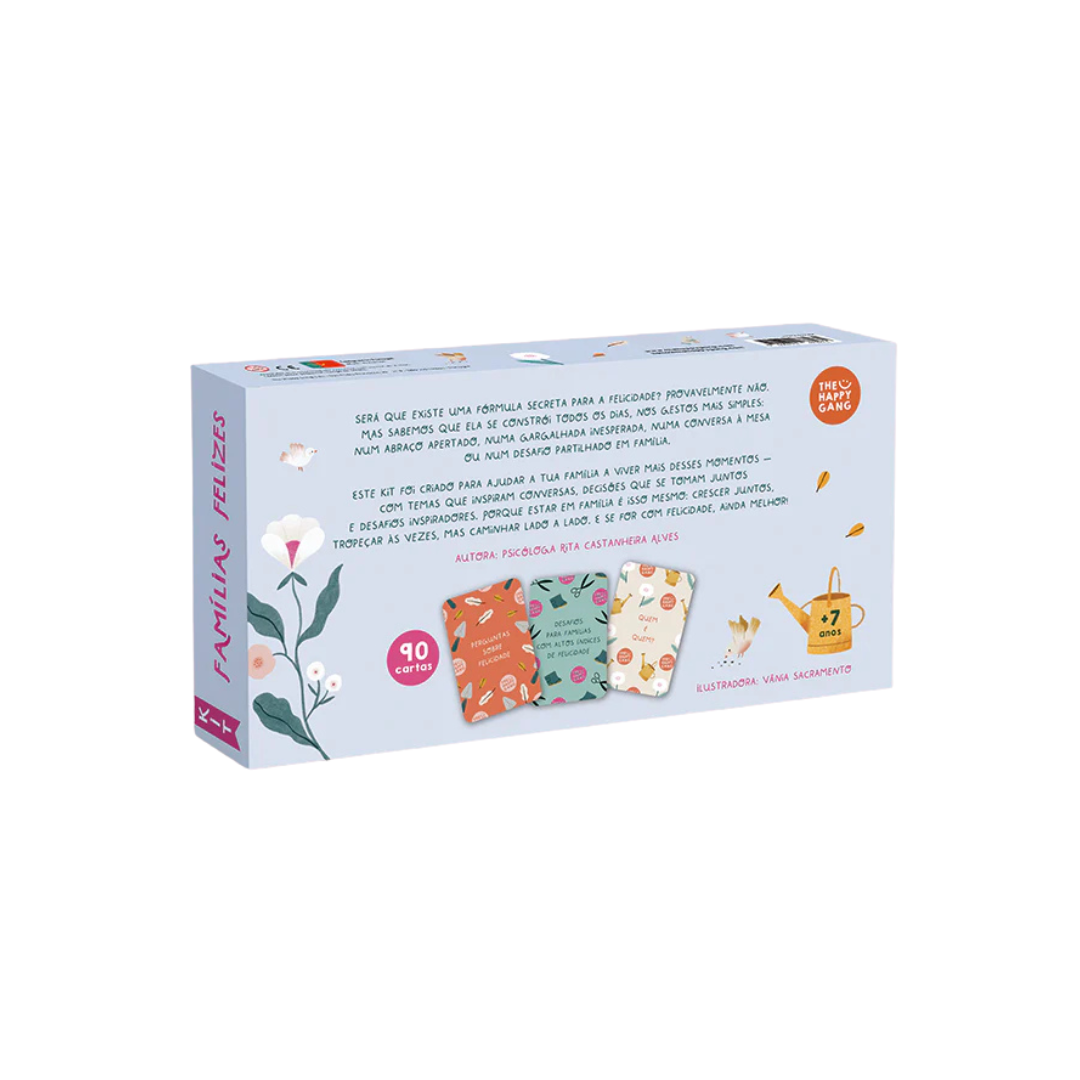 Embalagem colorida de cartas ilustradas para famílias felizes com texto em português