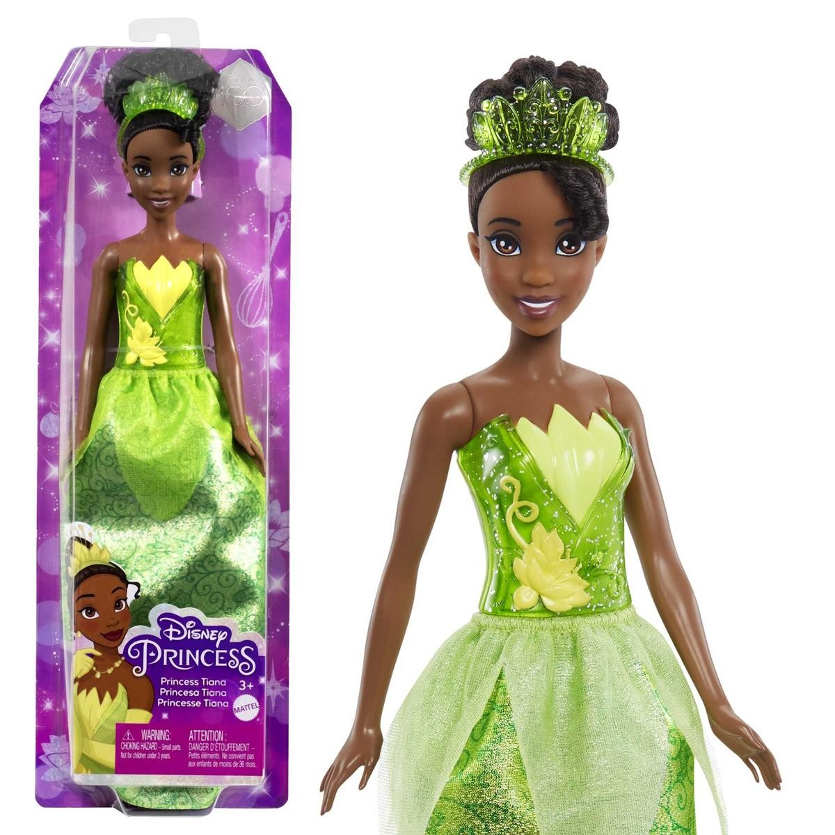Boneca Princesa Tiana da Disney com vestido e coroa verde na embalagem roxa